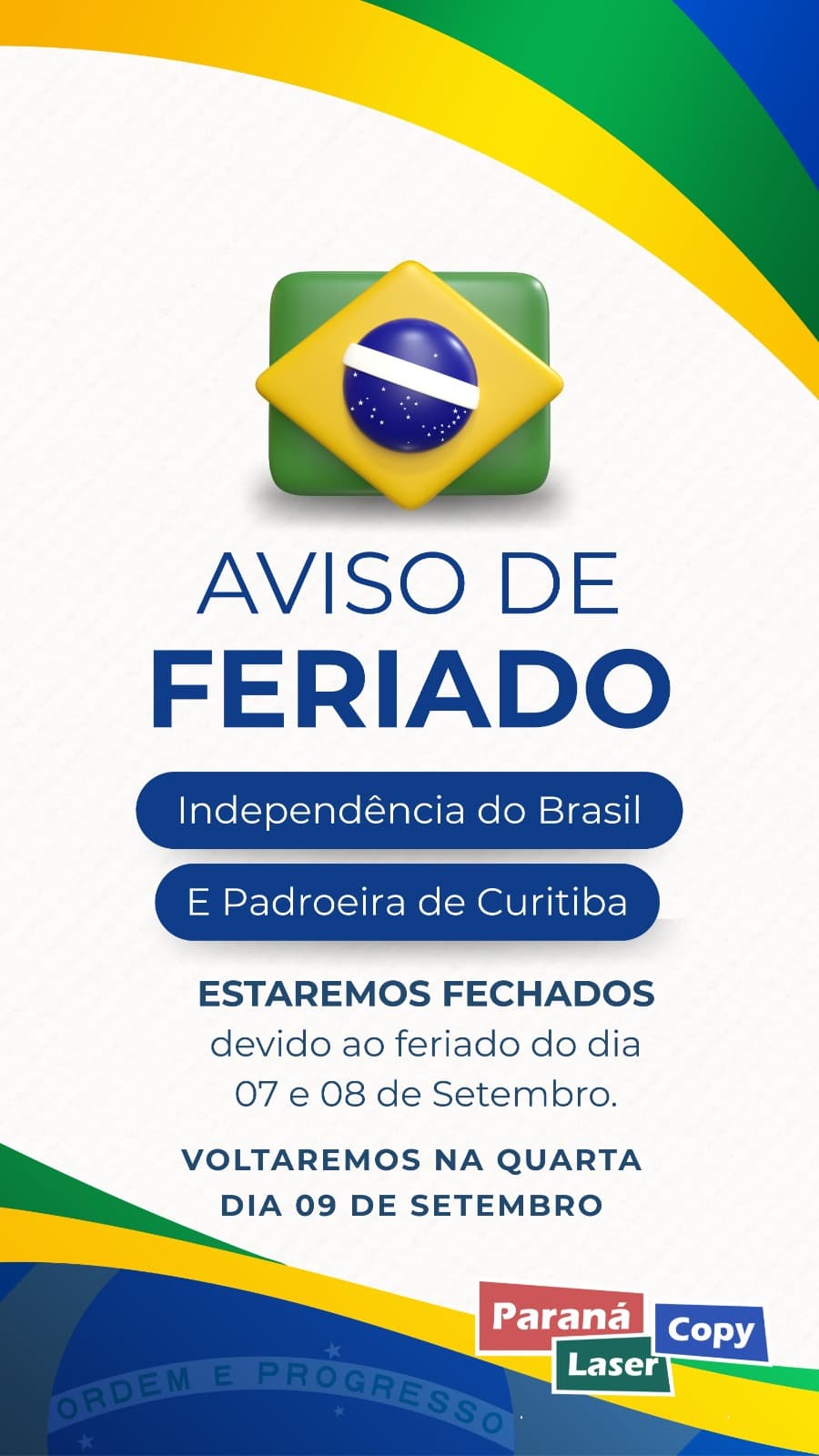 Aviso de feriado e fechamento da Paraná Laser Copy